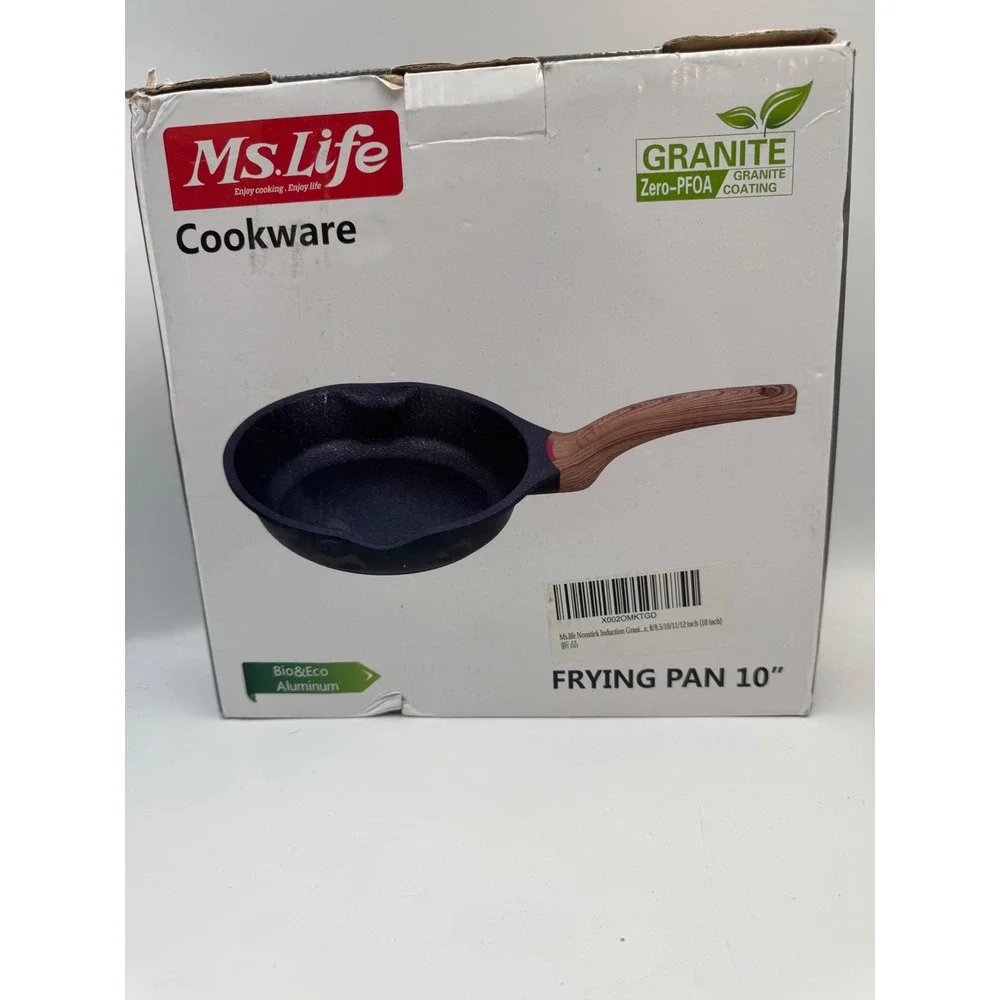 Ms.Life 10 Inch Nonstick Granite Frying Pan Induction Skillet Wood Handle Black